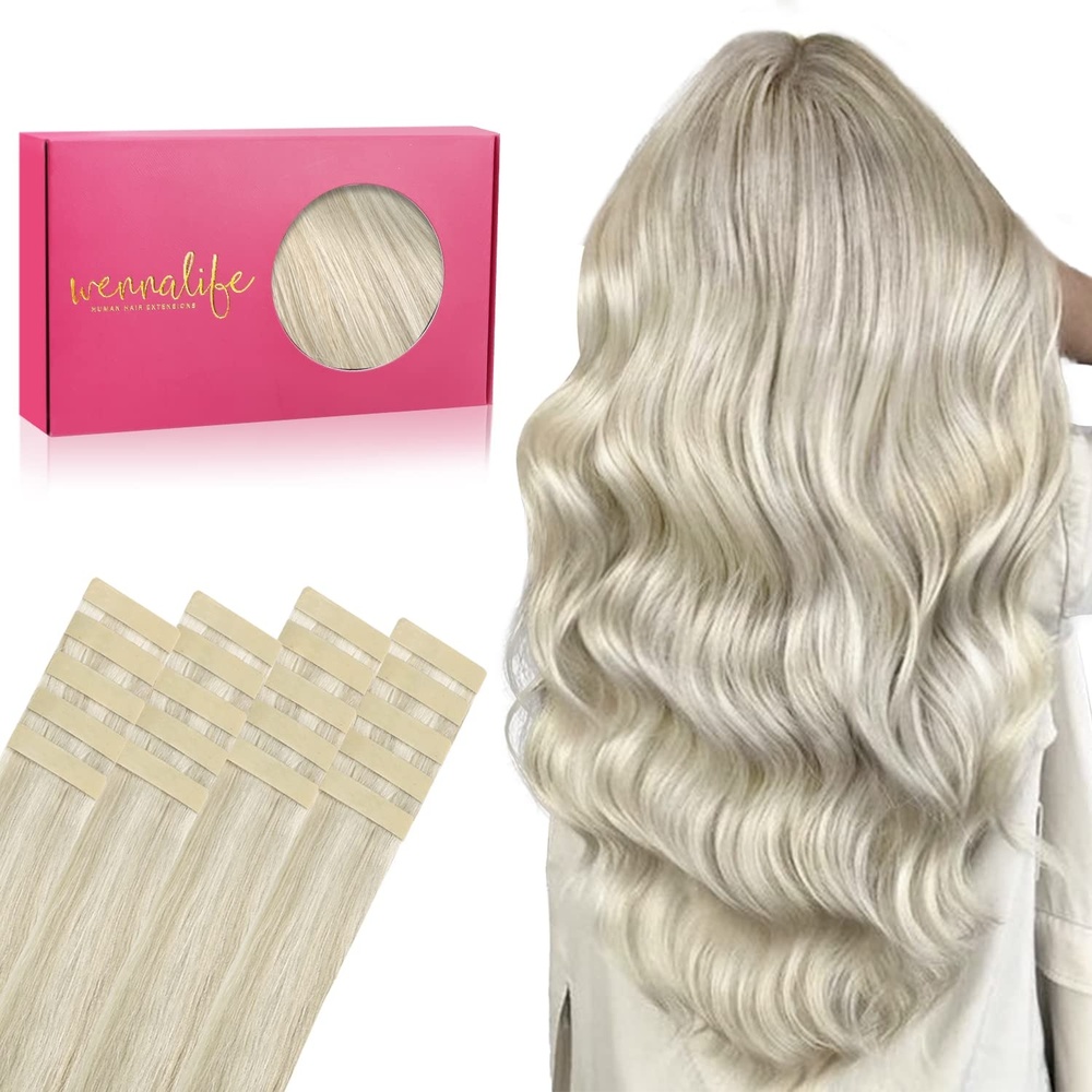 image:imageWENNALIFE Tape in Hair Extensions Human Hair 20pcs 50g 16 inch Ash Blonde Highlighted Platinum Blonde