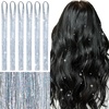 WENNALIFE Hair Tinsel Tape in Hair Extensions, Golden Brown 12PCS 24 Inch Invisible Tape in Extensions Quick Install Glitter Tinsel Hair Extensions Sparkle Fairy Party Hair Accessories for Women(T-#Silver)