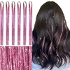 WENNALIFE Hair Tinsel Tape in Hair Extensions, Golden Brown 12PCS 24 Inch Invisible Tape in Extensions Quick Install Glitter Tinsel Hair Extensions Sparkle Fairy Party Hair Accessories for Women(T-#Pink)