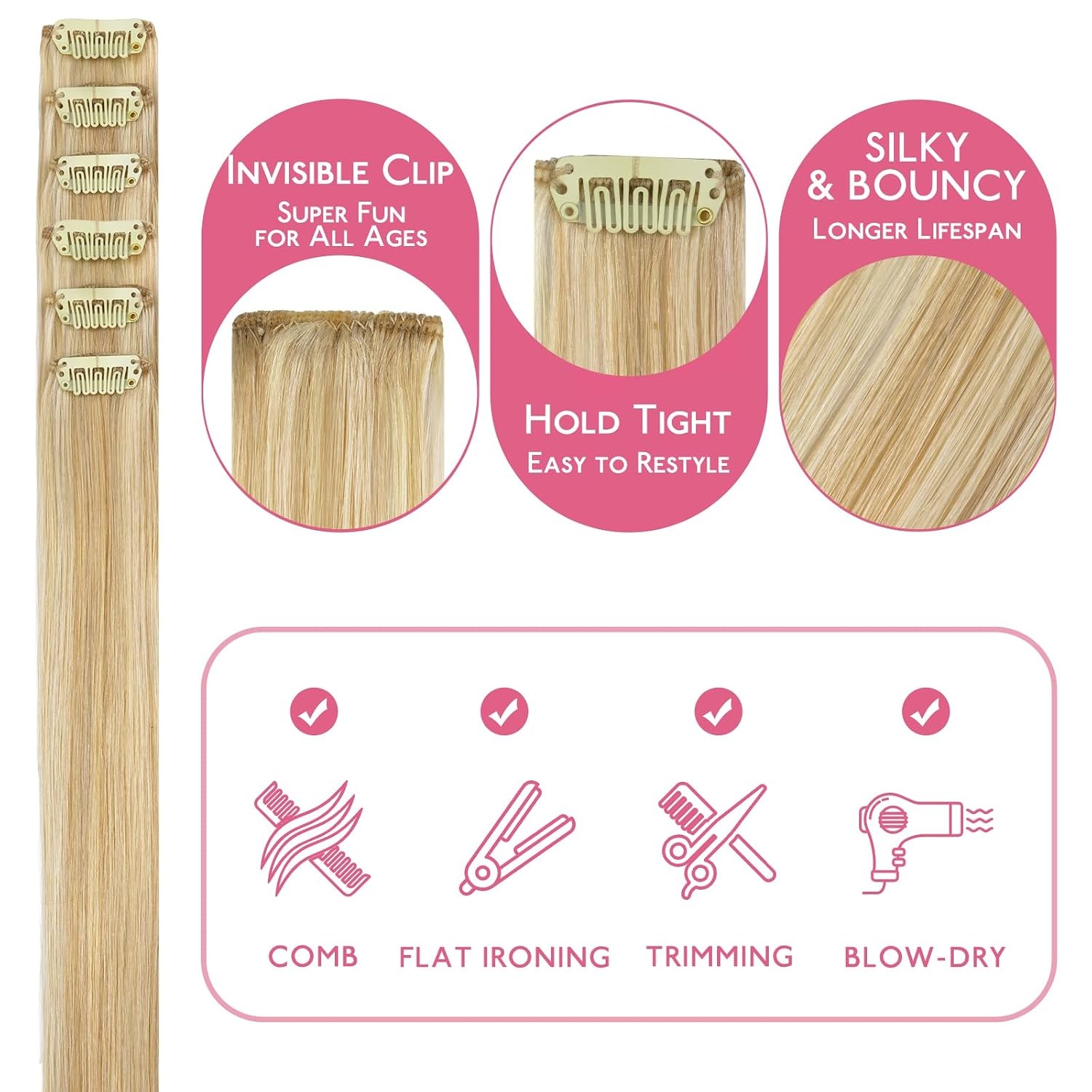 image:imageWENNALIFE Light Blonde Highlighted Golden Blonde Clip in Hair Extensions Real Human Hair 35g 6pcs 22 Inch Colored Hair Extensions for Kids Women Colorful Hair Pieces Popup Style Straight Extensiones