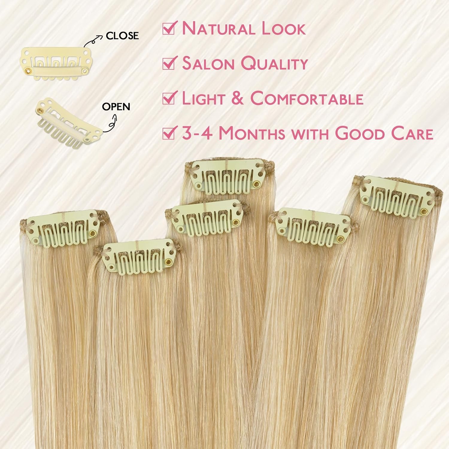 image:imageWENNALIFE Light Blonde Highlighted Golden Blonde Clip in Hair Extensions Real Human Hair 35g 6pcs 22 Inch Colored Hair Extensions for Kids Women Colorful Hair Pieces Popup Style Straight Extensiones