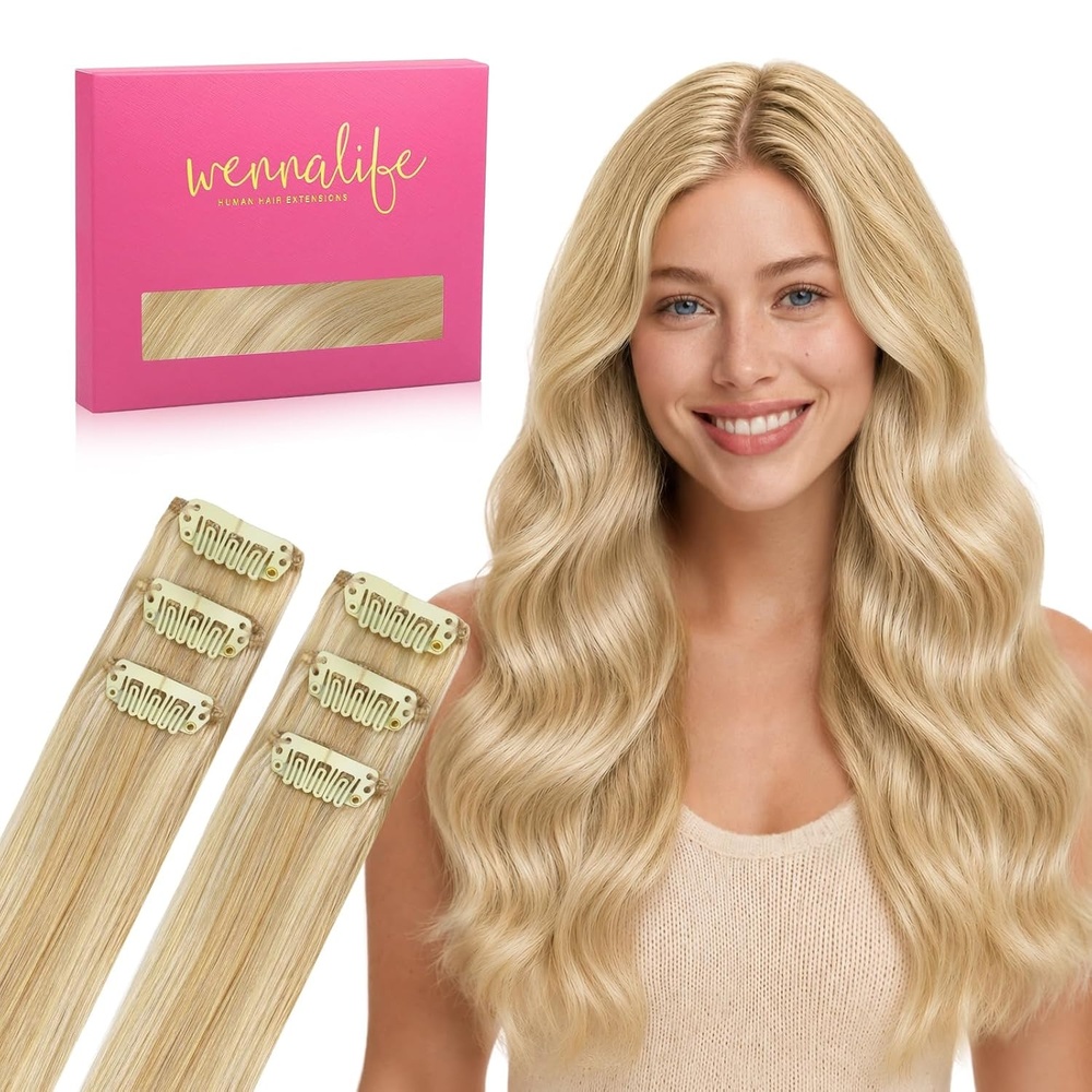 image:imageWENNALIFE Light Blonde Highlighted Golden Blonde Clip in Hair Extensions Real Human Hair 35g 6pcs 22 Inch Colored Hair Extensions for Kids Women Colorful Hair Pieces Popup Style Straight Extensiones