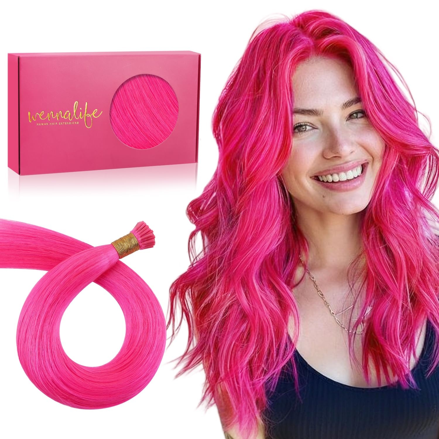 image:imageWENNALlFE Mini Flat Tip Hair Extensions Human Hair 50g 60s 16 Inch Light Blonde Highlighted Golden Blonde Remy Hair K Tip Hair Extensions Seamless Keratin Extensions De CabelloIHot Pink
