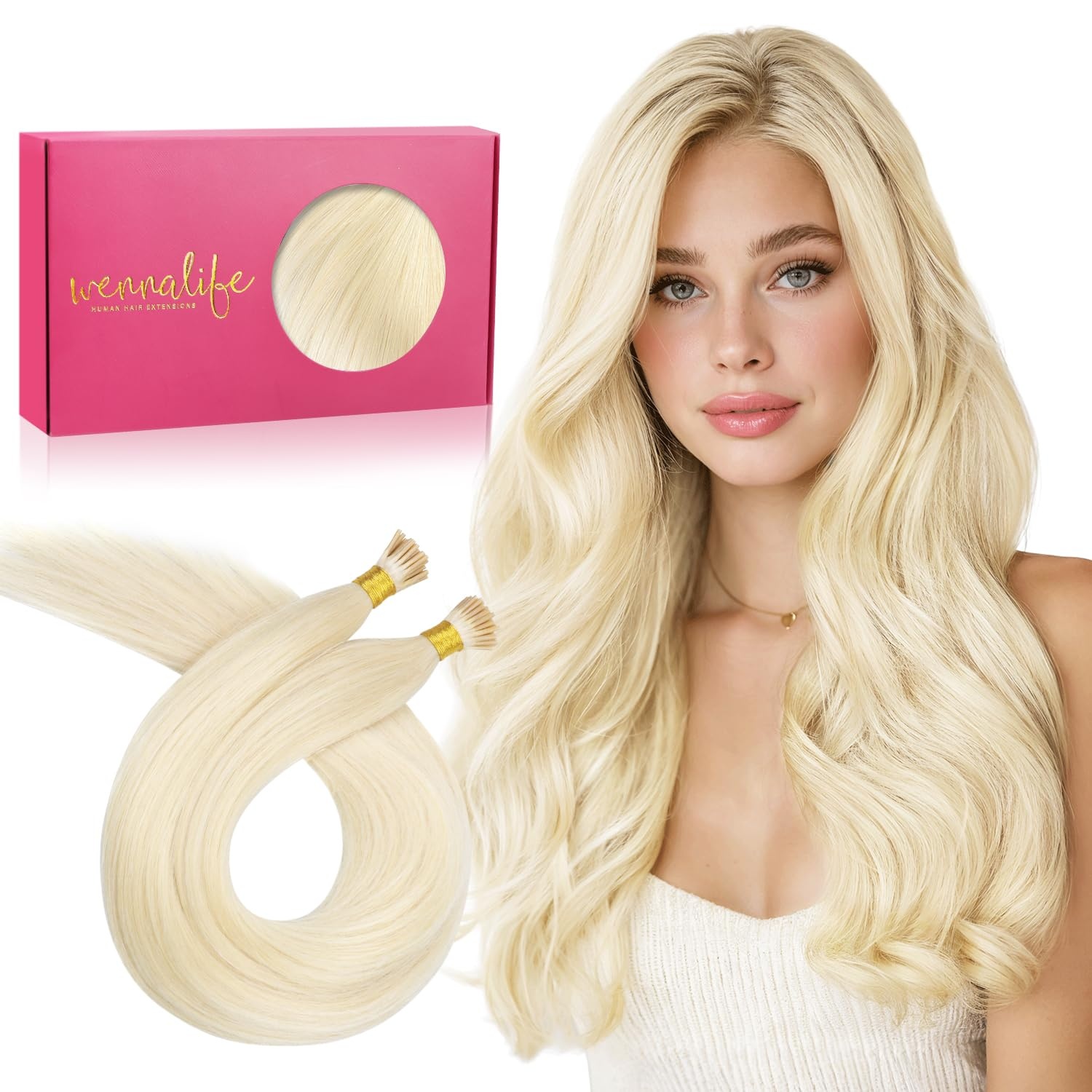 image:imageWENNALlFE Mini Flat Tip Hair Extensions Human Hair 50g 60s 16 Inch Light Blonde Highlighted Golden Blonde Remy Hair K Tip Hair Extensions Seamless Keratin Extensions De CabelloI60A Platinum Blonde