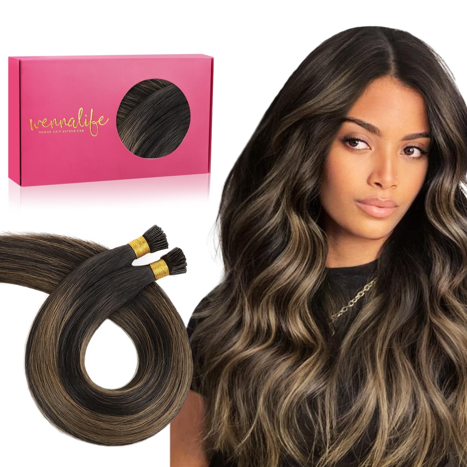 image:imageWENNALlFE Mini Flat Tip Hair Extensions Human Hair 50g 60s 16 Inch Light Blonde Highlighted Golden Blonde Remy Hair K Tip Hair Extensions Seamless Keratin Extensions De CabelloI262 Balayage Dark Brown Mixed Chestnut Brown