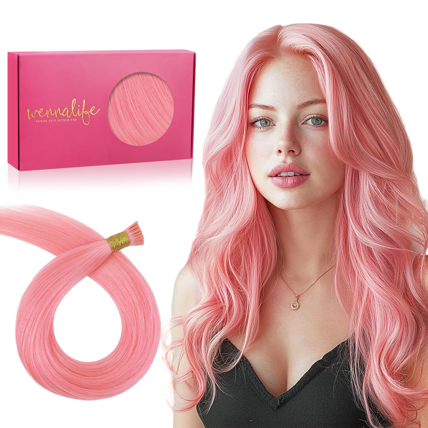 image:imageWENNALlFE Mini Flat Tip Hair Extensions Human Hair 50g 60s 16 Inch Light Blonde Highlighted Golden Blonde Remy Hair K Tip Hair Extensions Seamless Keratin Extensions De CabelloIPeach Pink