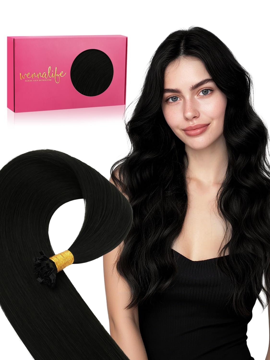 image:imageWENNALlFE Mini Flat Tip Hair Extensions Human Hair 50g 60s 16 Inch Light Blonde Highlighted Golden Blonde Remy Hair K Tip Hair Extensions Seamless Keratin Extensions De CabelloF1 Jet Black