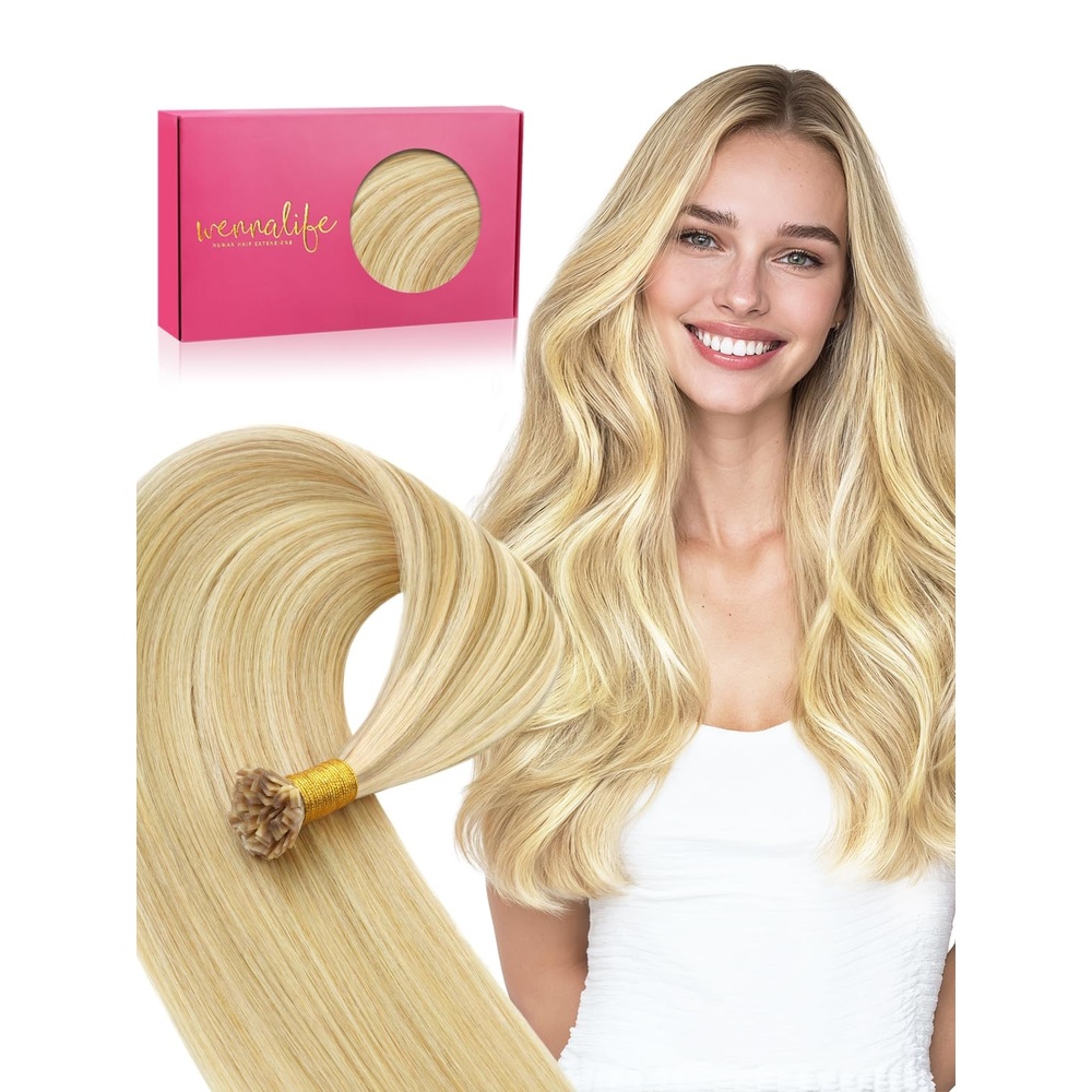 image:imageWENNALlFE Mini Flat Tip Hair Extensions Human Hair 50g 60s 16 Inch Light Blonde Highlighted Golden Blonde Remy Hair K Tip Hair Extensions Seamless Keratin Extensions De CabelloF1622 Light Blonde Highlighted Golden Blonde
