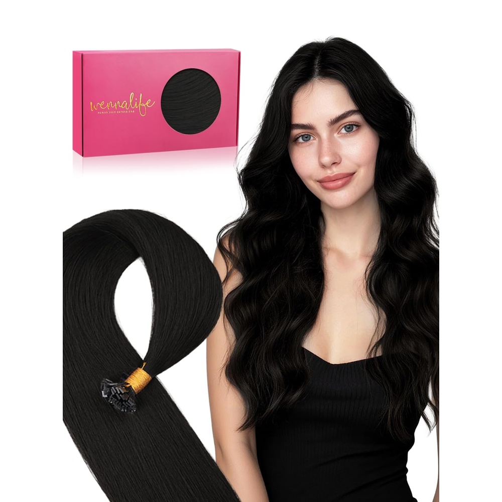image:imageWENNALlFE Mini Flat Tip Hair Extensions Human Hair 50g 60s 16 Inch Light Blonde Highlighted Golden Blonde Remy Hair K Tip Hair Extensions Seamless Keratin Extensions De CabelloF1 Jet Black