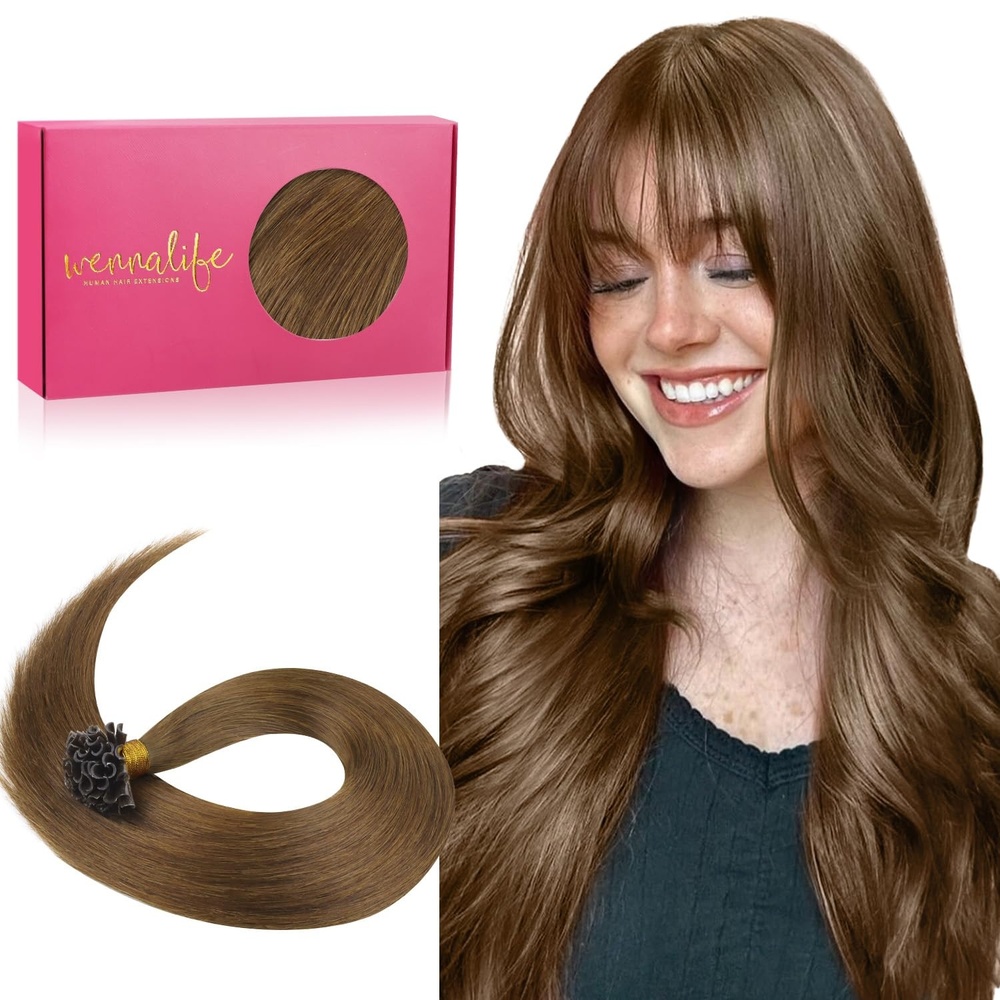 image:imageWENNALlFE Mini Flat Tip Hair Extensions Human Hair 50g 60s 16 Inch Light Blonde Highlighted Golden Blonde Remy Hair K Tip Hair Extensions Seamless Keratin Extensions De CabelloU5R Light Auburn Brown