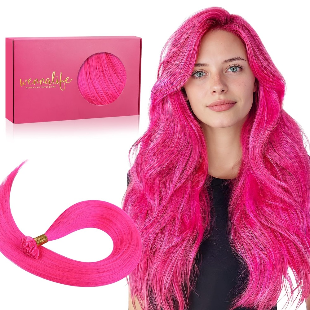 image:imageWENNALlFE Mini Flat Tip Hair Extensions Human Hair 50g 60s 16 Inch Light Blonde Highlighted Golden Blonde Remy Hair K Tip Hair Extensions Seamless Keratin Extensions De CabelloUHot Pink