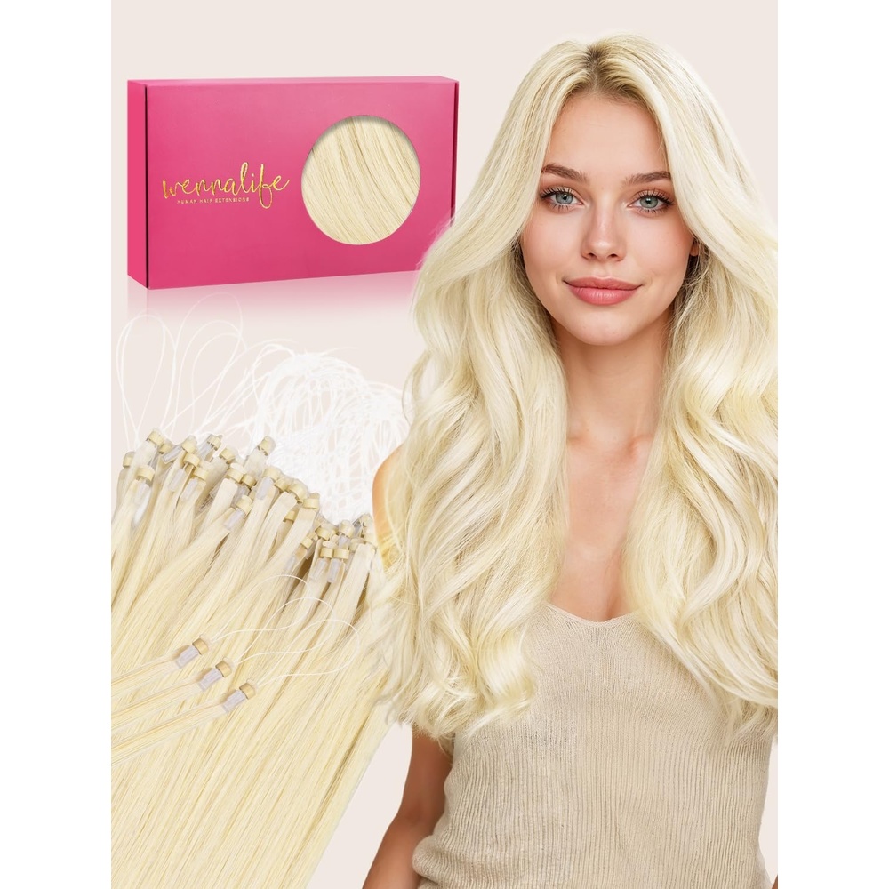image:imageWENNALlFE Mini Flat Tip Hair Extensions Human Hair 50g 60s 16 Inch Light Blonde Highlighted Golden Blonde Remy Hair K Tip Hair Extensions Seamless Keratin Extensions De CabelloT60A Platinum Blonde
