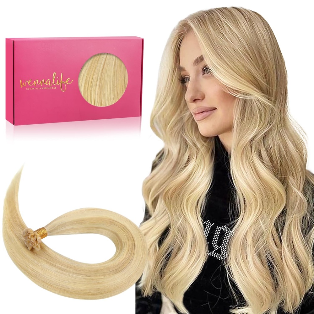 image:imageWENNALlFE Mini Flat Tip Hair Extensions Human Hair 50g 60s 16 Inch Light Blonde Highlighted Golden Blonde Remy Hair K Tip Hair Extensions Seamless Keratin Extensions De CabelloU1622 Light Blonde Highlighted Golden Blonde